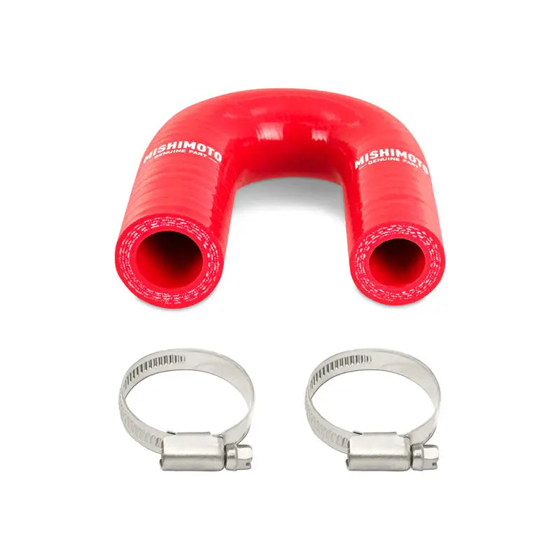 Red Mishimoto LS heater core bypass hose with metal clamps for easy installation