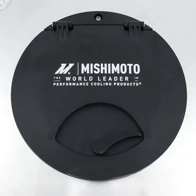 Black Mishimoto radiator cap on Mishimoto Universal Ice Box Tank Reservoir 2.5 Gallon