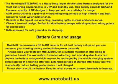 Battery Mbtz26rhd Sealed Factory Activated - MOTOBATT