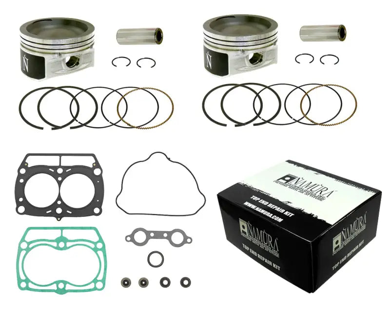 Namura NA-50080K Top End Kit with pistons, rings, wrist pins, clips, top end bearing, gaskets, and Namura packaging box.