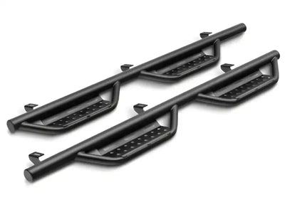Nerf Bar With Drop Down Steps; 2 Inch Round Bent; Black Textured Powder Coated; Steel; Without End Caps; Rocker Panel