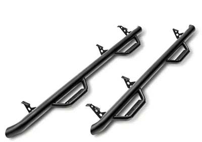 Nerf Bar With Drop Down Steps; 3 Inch Round Bent; Black Textured Matte Powder Coated; Steel; Without End Caps; Rocker