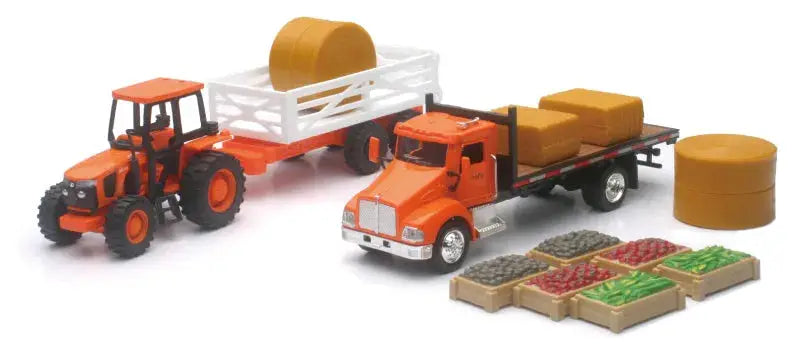 Toy farm vehicles and produce in the New Ray Toys Kubota farm tractor play set
