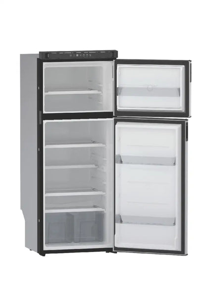 N10DCBKR Norcold 10Cu Ft 12V DC Dual Compartment RV Refrigerator Right Hand Hinge, sleek black design for efficient cooling.