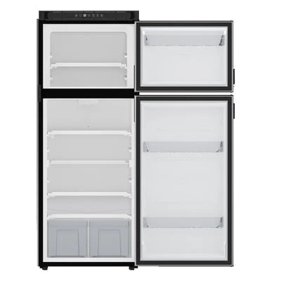 N10DCBKR Norcold 10Cu Ft 12V Dc Dual Compartment RV Refrigerator Right Hand Hinge in sleek black, ideal for RVs.
