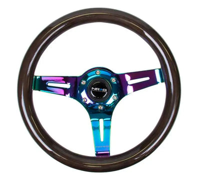 NRG Classic Wood Grain Steering Wheel (310mm) Black w/Neochrome 3-Spoke Center 