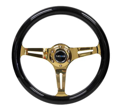 NRG NRG Classic Wood Grain Steering Wheel (350mm) Black Grip w/Chrome Gold 3-Spoke Center