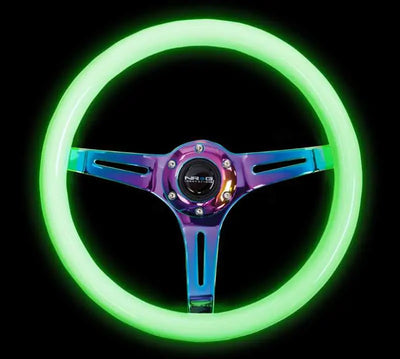 NRG Classic Wood Grain Steering Wheel (350mm) Glow-N-The-Dark Green Grip w/Neochrome 3-Spoke Center 