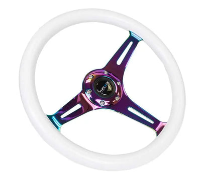 NRG Classic Wood Grain Steering Wheel (350mm) Glow-N-The-Dark Green Grip w/Neochrome 3-Spoke Center 