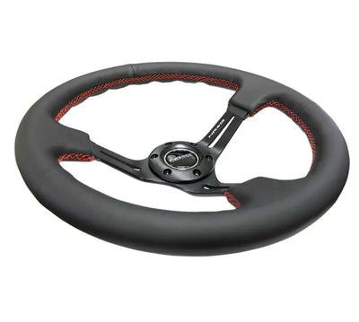 NRG Reinforced Steering Wheel (350mm / 3in. Deep) Black Leather/Red Stitch & Blk 3-Spoke w/Slits 
