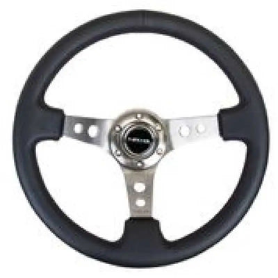 NRG Reinforced Steering Wheel (350mm / 3in. Deep) Blk Leather w/Gunmetal Circle Cutout Spokes 