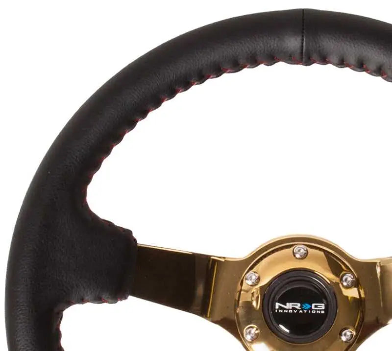 NRG Reinforced Steering Wheel (350mm / 3in. Deep) Blk Leather/Red BBall Stitch w/4mm Gold Spokes 