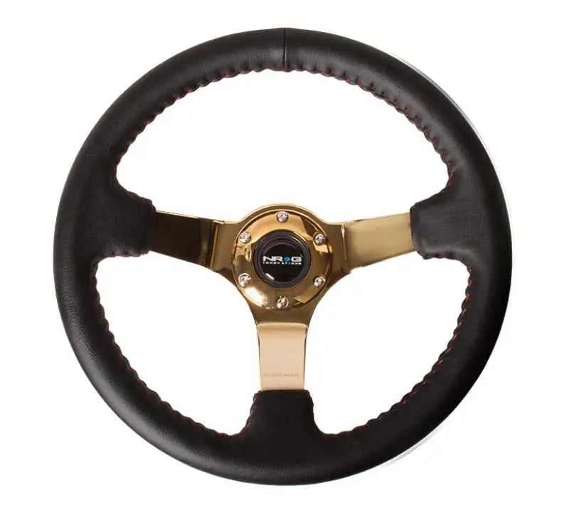 NRG NRG Reinforced Steering Wheel (350mm / 3in. Deep) Blk Leather/Red BBall Stitch w/4mm Gold Spokes