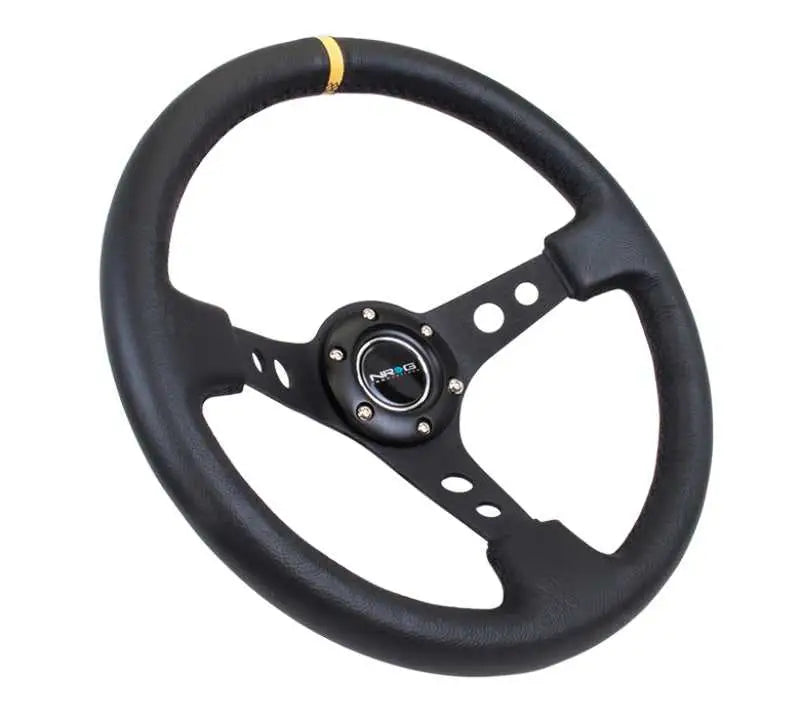 NRG Reinforced Steering Wheel (350mm / 3in. Deep) Blk Leather w/Blk Cutout Spoke/Yellow Center Mark 