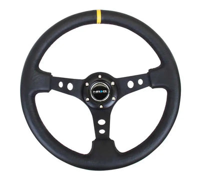 NRG Reinforced Steering Wheel (350mm / 3in. Deep) Blk Leather w/Blk Cutout Spoke/Yellow Center Mark 