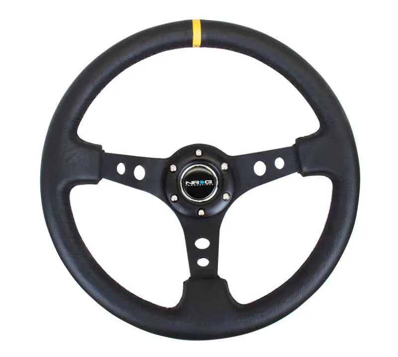 NRG Reinforced Steering Wheel (350mm / 3in. Deep) Blk Leather w/Blk Cutout Spoke/Yellow Center Mark 