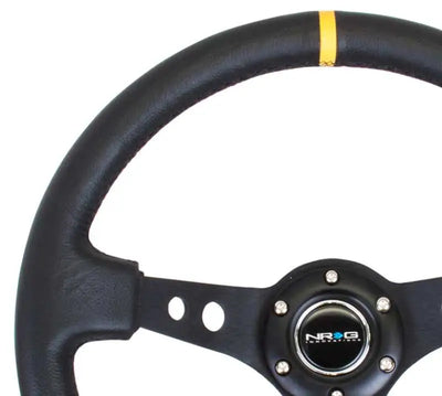 NRG Reinforced Steering Wheel (350mm / 3in. Deep) Blk Leather w/Blk Cutout Spoke/Yellow Center Mark 