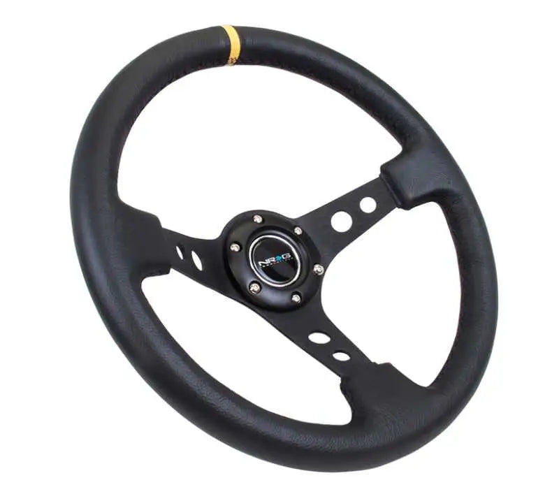 NRG Reinforced Steering Wheel (350mm / 3in. Deep) Blk Leather w/Blk Cutout Spoke/Yellow Center Mark 