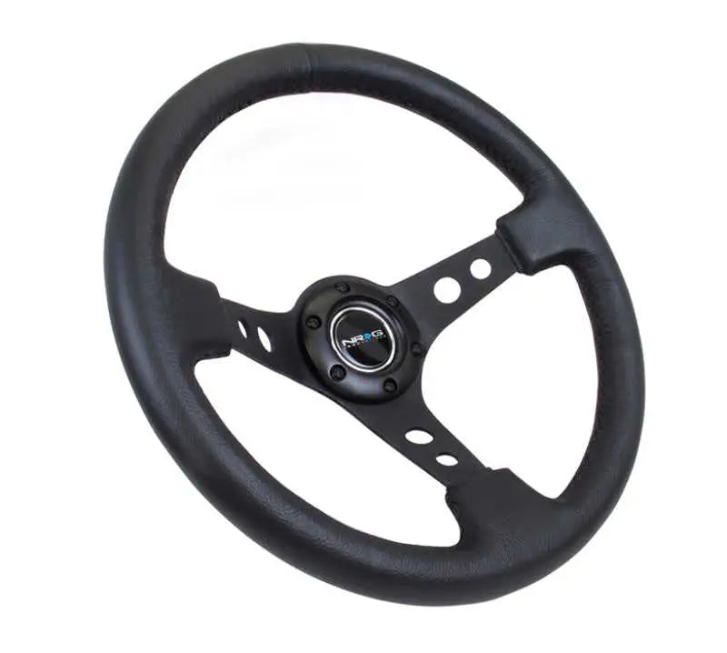 NRG Reinforced Steering Wheel (350mm / 3in. Deep) Blk Leather w/Blk Spoke & Circle Cutouts 