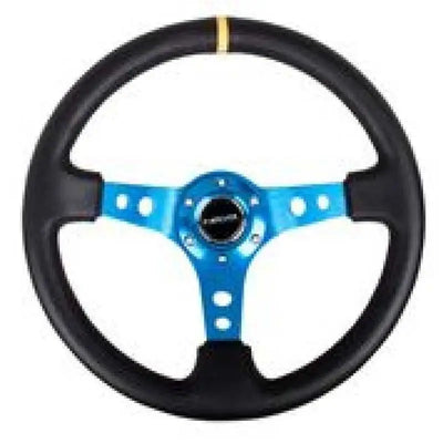 NRG Reinforced Steering Wheel (350mm / 3in. Deep) Blk Leather w/Blue Circle Cutout Spokes 