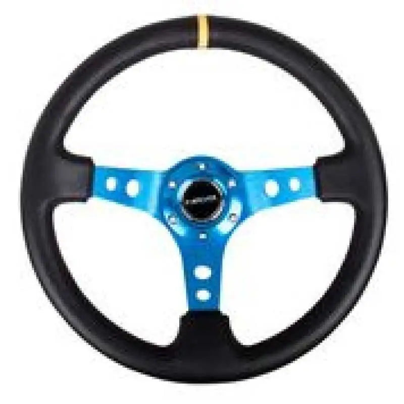 NRG Reinforced Steering Wheel (350mm / 3in. Deep) Blk Leather w/Blue Circle Cutout Spokes 