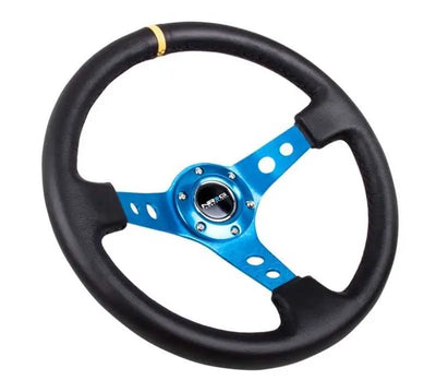 NRG Reinforced Steering Wheel (350mm / 3in. Deep) Blk Leather w/Blue Circle Cutout Spokes 