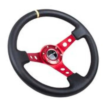 NRG Reinforced Steering Wheel (350mm / 3in. Deep) Blk Leather w/Red Spokes & Sgl Yellow Center Mark 