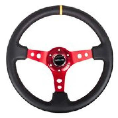 NRG Reinforced Steering Wheel (350mm / 3in. Deep) Blk Leather w/Red Spokes & Sgl Yellow Center Mark 