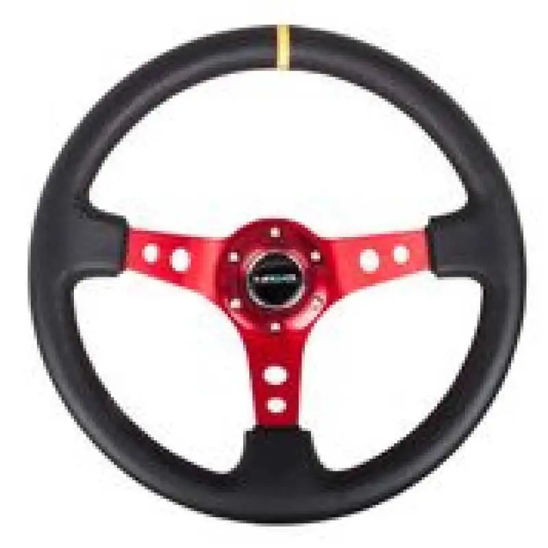 NRG Reinforced Steering Wheel (350mm / 3in. Deep) Blk Leather w/Red Spokes & Sgl Yellow Center Mark 