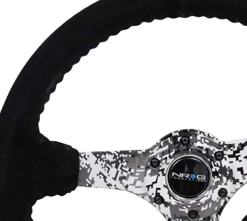NRG Reinforced Steering Wheel (350mm / 3in. Deep) Blk Suede w/Hydrodipped Digi-Camo Spokes 