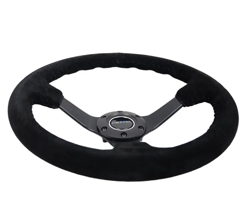 NRG Reinforced Steering Wheel (350mm / 3in. Deep) Blk Suede/Blk Bball Stitch w/5mm Matte Black Spoke - Truck &