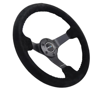 NRG Reinforced Steering Wheel (350mm / 3in. Deep) Blk Suede/Blk Bball Stitch w/5mm Matte Black Spoke - Truck &