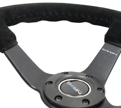 NRG Reinforced Steering Wheel (350mm / 3in. Deep) Blk Suede/Blk Bball Stitch w/5mm Matte Black Spoke - Truck &