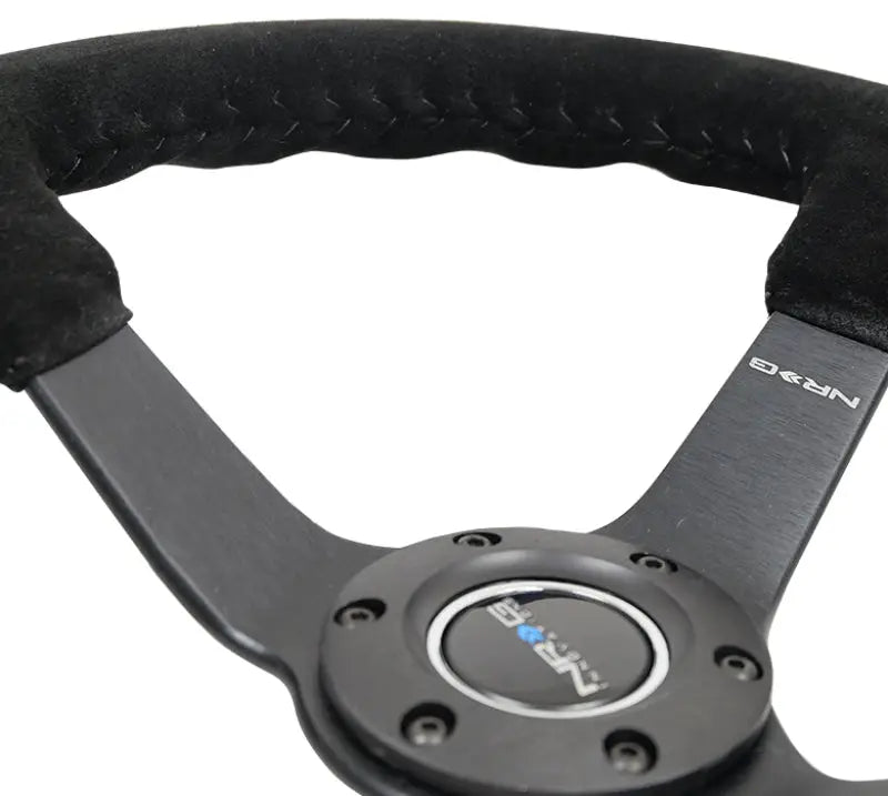 NRG Reinforced Steering Wheel (350mm / 3in. Deep) Blk Suede/Blk Bball Stitch w/5mm Matte Black Spoke - Truck &