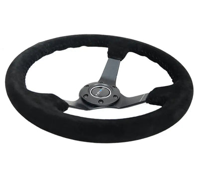 NRG Reinforced Steering Wheel (350mm / 3in. Deep) Blk Suede/Blk Bball Stitch w/5mm Matte Black Spoke - Truck &
