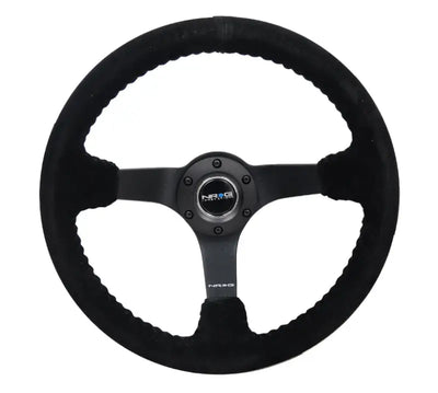 NRG Reinforced Steering Wheel (350mm / 3in. Deep) Blk Suede/Blk Bball Stitch w/5mm Matte Black Spoke - Truck &