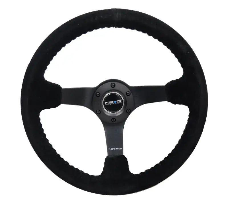 NRG Reinforced Steering Wheel (350mm / 3in. Deep) Blk Suede/Blk Bball Stitch w/5mm Matte Black Spoke - Truck &