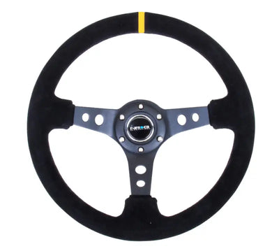 NRG Reinforced Steering Wheel (350mm / 3in. Deep) Blk Suede w/Circle Cut Spokes & Single Yellow CM - Truck Automotive