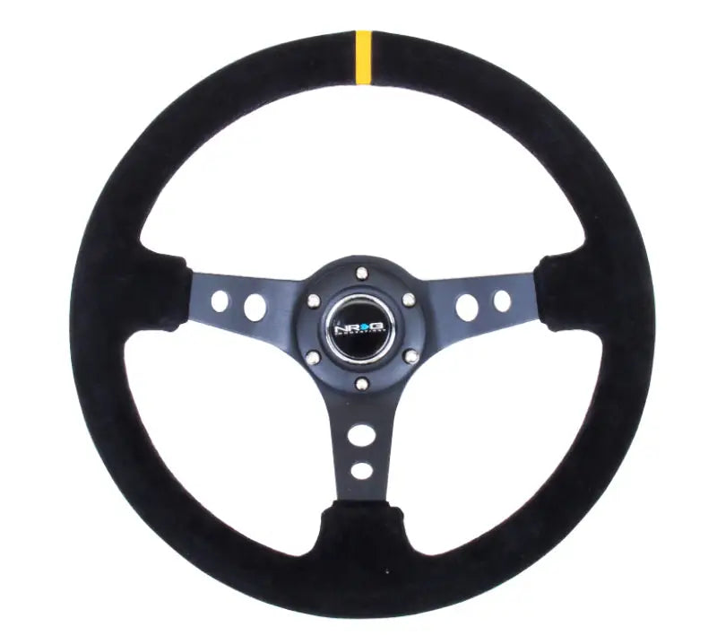 NRG Reinforced Steering Wheel (350mm / 3in. Deep) Blk Suede w/Circle Cut Spokes & Single Yellow CM - Truck Automotive