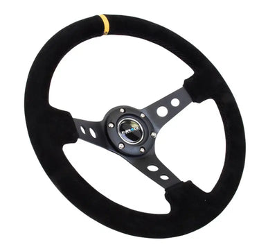 NRG Reinforced Steering Wheel (350mm / 3in. Deep) Blk Suede w/Circle Cut Spokes & Single Yellow CM - Truck Automotive