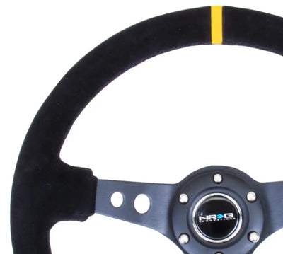 NRG Reinforced Steering Wheel (350mm / 3in. Deep) Blk Suede w/Circle Cut Spokes & Single Yellow CM - Truck Automotive