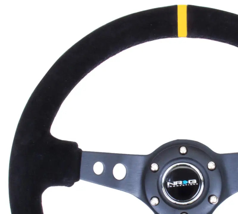 NRG Reinforced Steering Wheel (350mm / 3in. Deep) Blk Suede w/Circle Cut Spokes & Single Yellow CM - Truck Automotive