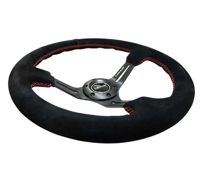 NRG Reinforced Steering Wheel (350mm / 3in. Deep) Blk Suede w/Red Stitching & 5mm Spokes w/Slits 