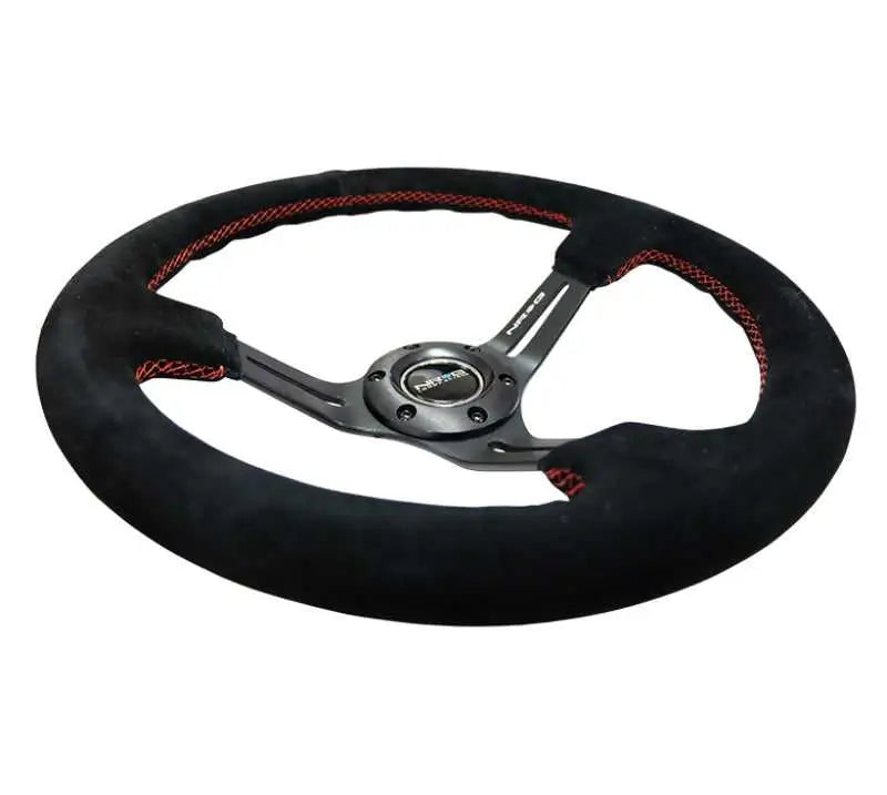 NRG Reinforced Steering Wheel (350mm / 3in. Deep) Blk Suede w/Red Stitching & 5mm Spokes w/Slits 