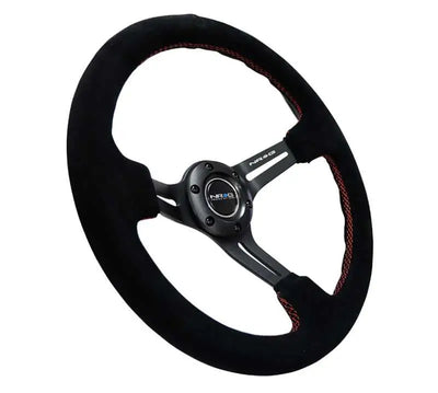 NRG Reinforced Steering Wheel (350mm / 3in. Deep) Blk Suede w/Red Stitching & 5mm Spokes w/Slits 