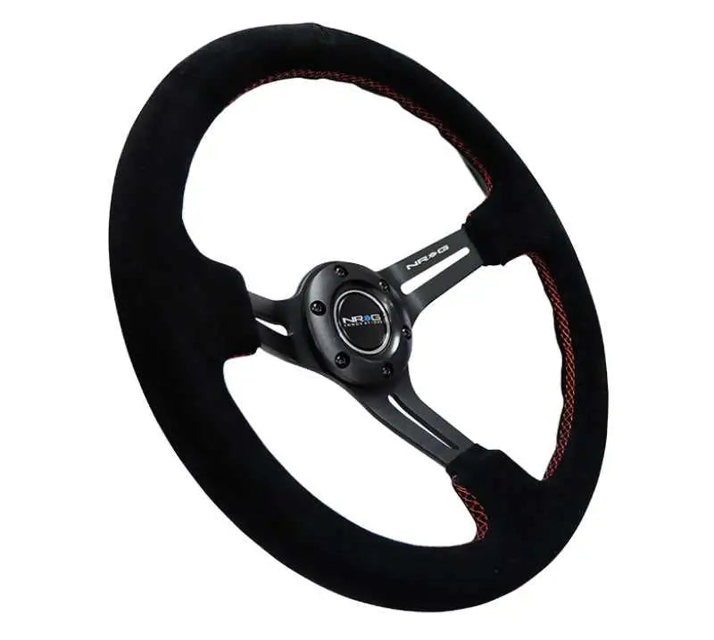 NRG Reinforced Steering Wheel (350mm / 3in. Deep) Blk Suede w/Red Stitching & 5mm Spokes w/Slits 
