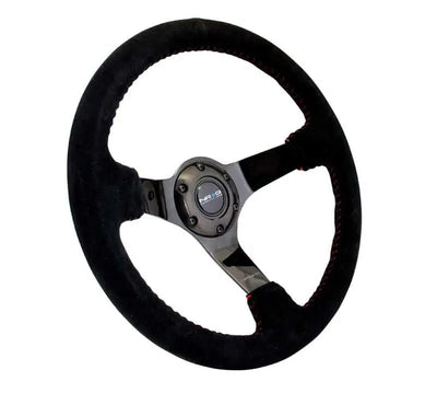 NRG Reinforced Steering Wheel (350mm / 3in. Deep) Blk Suede w/Red BBall Stitch & Black 3-Spoke 