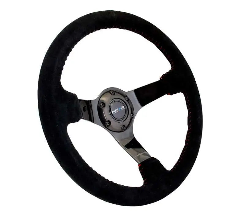 NRG Reinforced Steering Wheel (350mm / 3in. Deep) Blk Suede w/Red BBall Stitch & Black 3-Spoke 