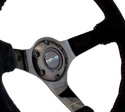 NRG Reinforced Steering Wheel (350mm / 3in. Deep) Blk Suede w/Red BBall Stitch & Black 3-Spoke 