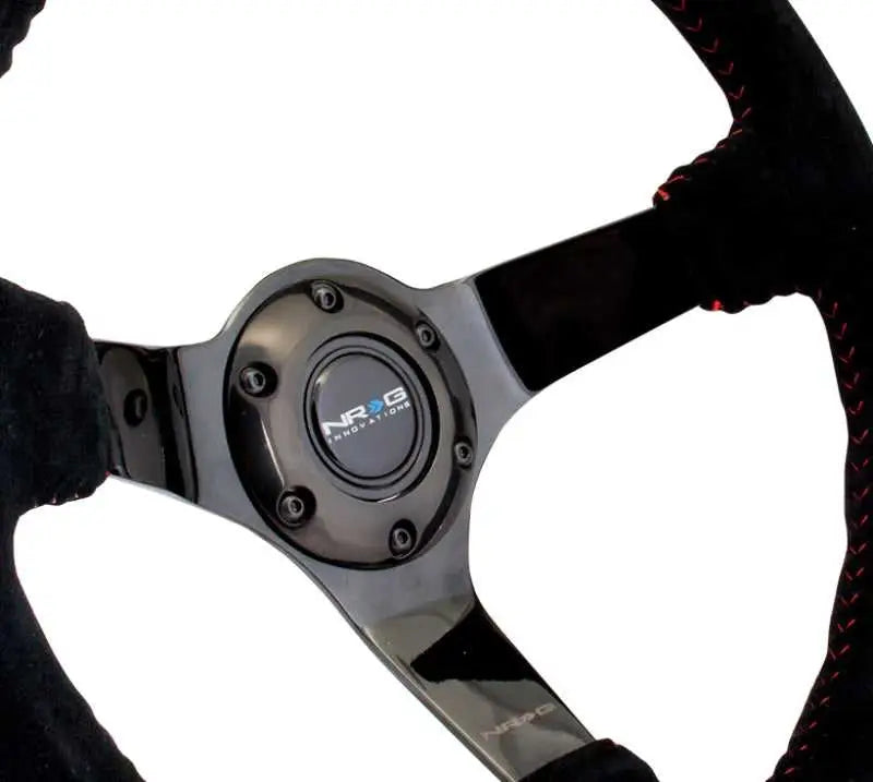 NRG Reinforced Steering Wheel (350mm / 3in. Deep) Blk Suede w/Red BBall Stitch & Black 3-Spoke 